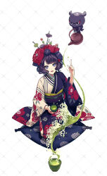 Rule 34 | 1girl, artist request, black hair, blue eyes, check artist, cup, drink, fate/grand order, fate (series), floral print, floral print kimono, flower, green tea, hanamura mai, holding, holding cup, holding drink, index finger raised, japanese clothes, katsushika hokusai (fate), kimono, long sleeves, multicolored clothes, multicolored kimono, obi, octopus, open mouth, pillow, pouring, sash, seiza, short hair, sitting, sitting on pillow, tea, tokitarou (fate), very long sleeves, wavy hair, white background