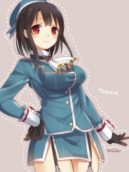 Rule 34 | 10s, 1girl, bad id, bad pixiv id, black hair, blush, breasts, character name, dotted line, gloves, hand on own hip, hat, kantai collection, long hair, nunucco, red eyes, simple background, smile, solo, standing, takao (kancolle)