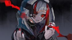 Rule 34 | 1boy, black eyes, black jacket, black nails, black sclera, clenched teeth, colored sclera, facial mark, fangs, fingernails, highres, hood, hood up, hooded jacket, jacket, long fingernails, looking at viewer, male focus, multicolored hair, nail polish, original, red eyes, red hair, red nails, red pupils, shiun (siun 5513), sketch, solo, streaked hair, striped clothes, sweat, teeth, turtleneck, upper body, vampire, white hair