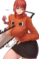 Rule 34 | 1girl, aosora2823, artist name, black skirt, braid, braided ponytail, breasts, chainsaw man, closed mouth, commentary request, highres, large breasts, long hair, looking at viewer, makima (chainsaw man), orange eyes, orange sweater, pochita (chainsaw man), red hair, saw, simple background, skirt, smile, solo, sweater, thighs, white background