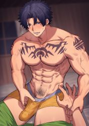 Rule 34 | 2boys, abs, absurdres, arm tattoo, bara, black hair, blush, briefs, bulge, chest tattoo, clothes pull, commission, earrings, erection, erection under clothes, green pants, highres, holding another&#039;s wrist, jewelry, large pectorals, male focus, male pubic hair, male underwear, multiple boys, muscular, muscular male, navel, nipples, original, pants, pants pull, pectorals, pubic hair, purple eyes, seductive smile, short hair, smile, solo focus, sweat, tattoo, thick thighs, thighs, underwear, yaoi, yellow male underwear, yusa (usa kotobuki)
