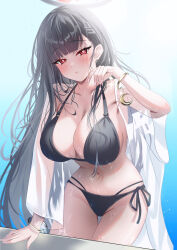 Rule 34 | 1girl, bikini, black bikini, black hair, black halo, blue archive, blush, breasts, bright pupils, cleavage, closed mouth, collarbone, halo, highres, large breasts, long hair, looking at viewer, nano (blueoekaki), ocean, red eyes, rio (blue archive), see-through, see-through shirt, shirt, solo, swimsuit, white pupils, white shirt