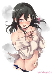 Rule 34 | 1girl, alternate costume, black hair, blue panties, blush, box, closed mouth, ebifurya, gift, gift box, grey eyes, grey sweater, hair between eyes, hair ornament, hairclip, heart, highres, kantai collection, long sleeves, looking at viewer, navel, open mouth, oyashio (kancolle), panties, simple background, smoke, solo, sweater, torn clothes, torn sweater, underwear, white background