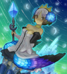 Rule 34 | 1girl, aqua background, armor, armored dress, bad id, bad pixiv id, blue background, castle, crown, dress, feathers, gradient background, green background, gwendolyn (odin sphere), hat, inase, multicolored wings, odin sphere, polearm, solo, spear, strapless, strapless dress, thighhighs, weapon, wings