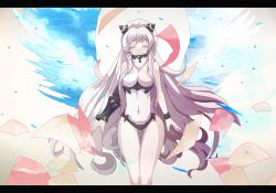 Rule 34 | 10s, 1girl, abyssal ship, airfield princess, bare shoulders, black border, border, breasts, colored skin, closed eyes, horns, kantai collection, leotard, long hair, medium breasts, salve (8947279), smile, solo, white hair, white leotard, white skin