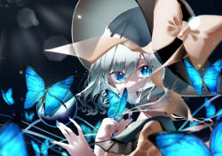 1girl black_hat blouse blue_eyes blue_nails bow bug butterfly collared_shirt commentary_request eyeball eyelashes frilled_shirt_collar frilled_sleeves frills green_hair hat hat_bow hat_ribbon heart heart_of_string highres insect komeiji_koishi nail_polish ribbon shirt solo sun_hat third_eye touhou wavy_hair wide_sleeves yellow_ribbon yellow_shirt yukia_(yukia_777)