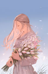 Rule 34 | 1girl, blue sky, bouquet, braid, clear sky, closed eyes, collarbone, commentary, daisy, day, english commentary, final fantasy, final fantasy xiv, floating hair, flower, from side, grass, grey hair, grey robe, half updo, highres, holding, holding bouquet, hood, hood down, hooded robe, leaf, long hair, long sleeves, mask, mask around neck, unworn mask, outdoors, profile, robe, signature, single braid, sky, smile, solo, standing, tassel, tk (tksnim), tulip, twitter username, upper body, venat (ff14), wind