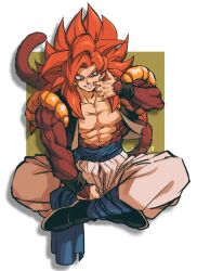 Rule 34 | 1boy, absurdres, biceps, black wristband, blue eyes, blue sash, body fur, dragon ball, dragon ball gt, fusion, gogeta, highres, looking at viewer, male focus, metamoran vest, monkey boy, monkey tail, muscular, muscular male, no nipples, pants, pectorals, red hair, relio db318, sash, simple background, smile, solo, spiked hair, super saiyan, super saiyan 4, tail, veins, veiny hands, white pants