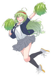 Rule 34 | 1girl, absurdres, ahoge, arm up, black necktie, black socks, blue jacket, blunt bangs, blurry, blush, breasts, cheering, cheerleader, closed eyes, depth of field, dot nose, floating hair, full body, green hair, grey skirt, hairband, hand up, highres, holding, holding pom poms, idolmaster, idolmaster million live!, idolmaster million live! theater days, jacket, leg up, long hair, medium breasts, motion lines, necktie, open clothes, open jacket, open mouth, pdal (pdalhhh), pleated skirt, pom pom (cheerleading), pom poms, red hairband, school uniform, shimabara elena, shirt, shoes, short sleeves, simple background, skirt, smile, sneakers, socks, solo, striped necktie, sweat, white background, white footwear, white shirt