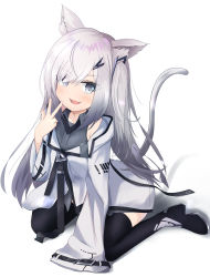Rule 34 | :3, :d, allial (coefont), animal ears, black footwear, boots, cat ears, cat tail, coat, coefont, gradient hair, grey eyes, grey hair, hair over one eye, high heel boots, high heels, highres, kaine (gupisgood), long hair, looking at viewer, multicolored hair, one side up, open mouth, simple background, sitting, smile, tail, thigh boots, thighhighs, w, wariza, white background, white coat