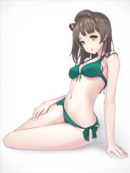 Rule 34 | 1girl, arm support, bikini, breasts, brown hair, front-tie top, green bikini, highres, long hair, looking at viewer, love live!, love live! school idol project, meda, minami kotori, one side up, side-tie bikini bottom, simple background, sitting, small breasts, solo, swimsuit, topknot, white background, yellow eyes, yokozuwari
