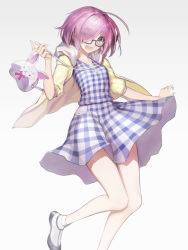 Rule 34 | 1girl, blush, brown-framed eyewear, cardigan, casual, eyes visible through hair, fate/grand order, fate (series), glasses, gradient background, hair over one eye, highres, light purple hair, looking at viewer, mash kyrielight, mash kyrielight (senpai killer outfit), mins (minevi), official alternate costume, open cardigan, open clothes, open mouth, purple eyes, purple hair, semi-rimless eyewear, shoes, short hair, sitting, sleeves past elbows, smile, socks, solo, thighs, under-rim eyewear, white background