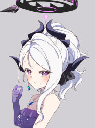 Rule 34 | 1girl, black horns, blue archive, blush, breasts, closed mouth, dangle earrings, demon horns, dress, earrings, elbow gloves, gloves, grey background, halo, hina (blue archive), hina (dress) (blue archive), horns, jewelry, long hair, looking at viewer, moja (moja4192), multiple horns, necklace, official alternate costume, pendant, purple dress, purple eyes, purple gloves, simple background, small breasts, solo, strapless, strapless dress, white hair