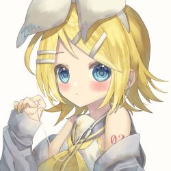 Rule 34 | 1girl, :&lt;, bare shoulders, blonde hair, blue eyes, blush, bow, earbuds, earphones, grey jacket, grey sailor collar, hair bow, hair ornament, hairclip, highres, jacket, kagamine rin, looking at viewer, neckerchief, number tattoo, open clothes, open jacket, sailor collar, shirt, short hair, shoulder tattoo, sleeveless, sleeveless shirt, sleeves past wrists, solo, swept bangs, tattoo, treble clef, tsutsuji (suisai02), vocaloid, yellow nails, yellow neckerchief, zipper