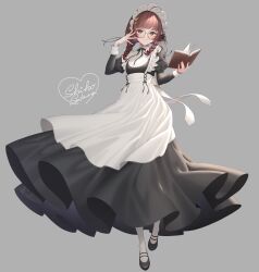 Rule 34 | 1girl, absurdres, ahoge, apron, black dress, black footwear, book, braid, breasts, brown hair, closed mouth, commentary request, dress, frilled apron, frills, glasses, grey background, grey eyes, grey pantyhose, hair ornament, hairclip, hands up, highres, holding, holding book, indie virtual youtuber, juliet sleeves, long hair, long sleeves, low twintails, maid, maid headdress, open book, pantyhose, puffy sleeves, round eyewear, sakura shiho, shoes, signature, simple background, small breasts, smile, solo, twin braids, twintails, virtual youtuber, white apron, yomiyama humino