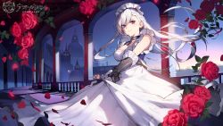 Rule 34 | 1girl, absurdres, apron, azur lane, belfast (azur lane), blue eyes, blush, braid, breasts, chain, cleavage, collar, collarbone, dress, flower, french braid, frills, gauntlets, gloves, highres, kitada mo, large breasts, logo, long hair, looking at viewer, maid, official art, red flower, red rose, rose, smile, solo, white gloves, white hair