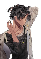 Rule 34 | 1boy, absurdres, arknights, arm behind head, arm up, artist name, bad id, bad pixiv id, bishounen, black hair, black shirt, closed mouth, collarbone, ear piercing, earrings, hair tie, highres, holding, jacket, jewelry, long sleeves, looking away, male focus, necklace, piercing, shirt, short hair, simple background, sketch, solo, thorns (arknights), twitter username, tying hair, upper body, white background, white jacket, yellow eyes, zahravoca (annpratamav)