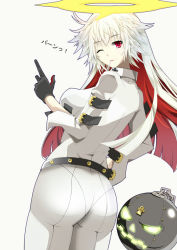 Rule 34 | 1girl, ahoge, arc system works, artist request, ass, ball and chain restraint, belt, bodysuit, breasts, candy, food, from behind, gloves, guilty gear, guilty gear xrd, guilty gear xrd: revelator, halo, jack-o&#039; valentine, lollipop, long hair, looking at viewer, mouth hold, multicolored hair, one eye closed, pantylines, platinum blonde hair, red eyes, red hair, sideboob, silver hair, smile, solo, very long hair