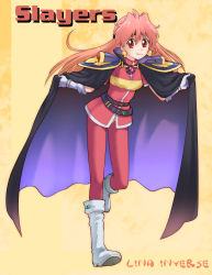 Rule 34 | 1girl, armor, black cape, boots, breasts, brown hair, cape, character name, copyright name, earrings, floating hair, highres, jacket, jewelry, kikumaru bunta, leg up, lina inverse, long hair, looking at viewer, pants, red eyes, red jacket, red pants, shoulder armor, slayers, small breasts, smile, solo, pauldrons, standing, standing on one leg, very long hair, white footwear, yellow background