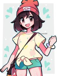 Rule 34 | 1girl, :d, beanie, border, bracelet, brown hair, clenched hand, commentary, creatures (company), eyelashes, floral print, game freak, green shorts, hand up, hat, heart, highres, jewelry, nintendo, open mouth, pokemon, pokemon sm, red eyes, red hat, selene (pokemon), shiny skin, shirt, short shorts, short sleeves, shorts, smile, solo, t-shirt, tied shirt, tongue, touyarokii