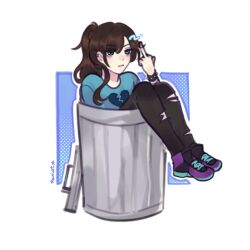 1girl blue_eyes blue_shirt bracelet broken_heart_print brown_hair class_of_09 ear_piercing highres in_container in_trash_can jewelry long_hair looking_at_viewer middle_finger panittanita pants piercing ponytail shirt simple_background spiked_bracelet spikes torn_clothes torn_pants trash_can watermark