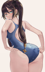 Rule 34 | 1girl, absurdres, adjusting clothes, adjusting swimsuit, ass, back, black hair, black ribbon, blue eyes, blue one-piece swimsuit, cetta (cettadvd), competition swimsuit, earrings, from behind, genshin impact, hair ornament, hair ribbon, highres, jewelry, leaning forward, looking at viewer, looking back, mona (genshin impact), one-piece swimsuit, ribbon, simple background, solo, swimsuit, thighs, twintails, white background