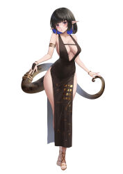 1girl absurdres alternate_costume andud_14_(yh) arknights bare_shoulders black_dress black_hair blue_eyes blue_hair blush bracelet breasts cleavage colored_inner_hair dress earrings eunectes_(arknights) full_body highres jewelry long_tail looking_at_viewer multicolored_hair parted_lips pointy_ears short_hair simple_background snake_tail solo tail