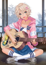 Rule 34 | 1girl, :d, bad id, bad pixiv id, blue skirt, blurry, blurry background, camisole, choker, collarbone, crossed ankles, depth of field, fang, full body, green eyes, grey footwear, guitar, hair between eyes, hair ornament, hairclip, head tilt, holding, holding instrument, hood, hood down, hoodie, indoors, instrument, jewelry, kneehighs, light brown hair, lloule, long sleeves, looking at viewer, open clothes, open hoodie, open mouth, original, pink choker, pink hoodie, pleated skirt, ring, shoes, short hair, skirt, smile, sneakers, socks, solo, white camisole, white socks, window