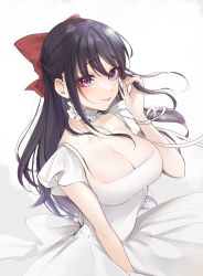 Rule 34 | 1girl, black hair, breasts, carrot (robosquat), cleavage, dress, frilled dress, frills, hair ribbon, highres, large breasts, long dress, long hair, looking at viewer, neck ribbon, original, purple eyes, ribbon, sleeveless, sleeveless dress, smile, solo, sundress, white background, white dress