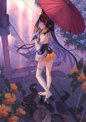 Rule 34 | 1girl, black gloves, black hair, blue eyes, blunt bangs, blurry, blurry foreground, detached sleeves, floating hair, flower, full body, gloves, gradient hair, highres, holding, holding umbrella, hololive, hololive english, hydrangea, long hair, long sleeves, looking at viewer, looking back, miniskirt, multicolored hair, ninomae ina&#039;nis, oil-paper umbrella, orange flower, orange hair, orange skirt, platform clogs, pleated skirt, rain, red umbrella, shoulder blades, silver hair, skirt, solo, suzuhiro, tentacles, umbrella, very long hair, virtual youtuber, walking, white sleeves