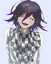 Rule 34 | 1boy, :d, absurdres, black hair, checkered clothes, checkered scarf, closed eyes, commentary request, danganronpa (series), danganronpa v3: killing harmony, facing viewer, grey background, grey jacket, grey scarf, hair between eyes, highres, jacket, joh pierrot, lower teeth only, male focus, multicolored hair, open mouth, oma kokichi, purple hair, scarf, signature, simple background, smile, solo, teeth, two-tone hair, upper body, white scarf