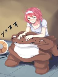 Rule 34 | 1girl, alternate costume, ark royal (kancolle), blue eyes, bob cut, bokukawauso, collarbone, commentary request, electric fan, exhausted, hairband, highres, kantai collection, mascot, otter, otter costume, parted lips, red hair, shingyou (alexander-13), shirt, short hair, sitting, solo, undressing, white hairband, white shirt