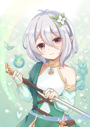 Rule 34 | 1girl, antenna hair, bare shoulders, blush, brown eyes, closed mouth, collarbone, commentary request, detached sleeves, dress, flower, green sleeves, hair between eyes, hair flower, hair ornament, head tilt, holding, kohana (princessxhana), kokkoro (princess connect!), long sleeves, pointy ears, princess connect!, puffy long sleeves, puffy sleeves, see-through, see-through sleeves, silver hair, sleeveless, sleeveless dress, smile, solo, split mouth, white dress, white flower