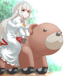 Rule 34 | .live, 1girl, :&lt;, absurdres, bear, blush stickers, dress, gloves, green eyes, hat, highres, lgori22, long hair, looking to the side, merry milk, plant, riding, serious, silver hair, simple background, solo, virtual youtuber