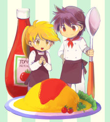 Rule 34 | 1boy, 1girl, apron, blonde hair, brown apron, buttons, closed mouth, commentary request, creatures (company), food, game freak, hand on own hip, holding, holding spoon, interlocked fingers, ketchup bottle, long hair, mini person, miniboy, minigirl, nintendo, omelet, omurice, open mouth, own hands together, pants, pokemon, pokemon adventures, ponytail, red (pokemon), shirt, short hair, smile, spoon, tomato, tongue, waist apron, white pants, white shirt, yellow (pokemon), yellow eyes, yui ko