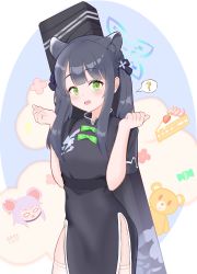 Rule 34 | 1girl, ?, absurdres, aged down, animal ear fluff, animal ears, artist name, black dress, black hair, blue archive, bow, cake, candy, case, china dress, chinese clothes, commentary request, cowboy shot, dated, dress, extra ears, food, forehead, fruit, green bow, green eyes, hair ornament, halo, hand up, highres, long bangs, long hair, mouse ears, mouse girl, open mouth, shun (blue archive), shun (small) (blue archive), solo focus, speech bubble, standing, strawberry, stuffed animal, stuffed toy, teddy bear, thighhighs, thighs, tigerqwq021021, white thighhighs