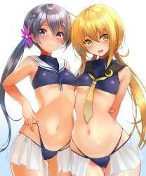 Rule 34 | 10s, 2girls, agarwood, akebono (kancolle), alternate costume, arm behind back, arms behind back, bare arms, bell, blonde hair, blue panties, blush, breasts, closed mouth, collarbone, cowboy shot, crescent, crescent pin, eyebrows, flower, gluteal fold, gradient background, hair bell, hair between eyes, hair flower, hair ornament, hand on own hip, hand on own arm, highleg, highleg panties, jingle bell, kantai collection, long hair, looking at viewer, multicolored background, multiple girls, navel, necktie, open mouth, panties, ponytail, purple eyes, purple hair, remodel (kantai collection), sailor collar, satsuki (kancolle), simple background, sleeveless, small breasts, smile, standing, stomach, twintails, two-tone background, underboob, underwear, yellow eyes, yellow necktie