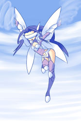 Rule 34 | 1girl, armor, boots, butterfly wings, cloud, collarbone, digimon, digimon frontier, drantyno, fairimon, fairy, flying, garter straps, gloves, hands up, highres, insect wings, leotard, long hair, long sleeves, mask, armored boots, midriff, navel, open mouth, panties, purple footwear, purple gloves, purple hair, purple leotard, purple panties, purple shirt, shirt, sky, solo, stylized, teeth, underwear, visor (armor), white armor, wind, wings