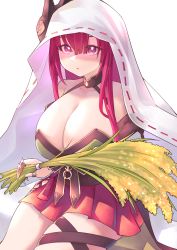 Rule 34 | 1girl, absurdres, azur lane, bare shoulders, bouquet, breasts, chitose (azur lane), cleavage, flower, highres, holding, holding bouquet, huge breasts, long hair, looking at viewer, mask, mask on head, miniskirt, pink skirt, purple eyes, purple hair, simple background, skirt, solo, take yaki, white background