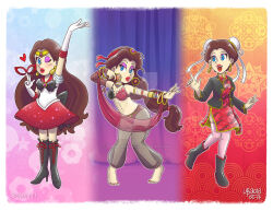 Rule 34 | 1girl, belly dancer, bishoujo senshi sailor moon, blue eyes, blush, boots, breasts, brown hair, china dress, chinese clothes, cosplay, donkey kong (1981 game), donkey kong (series), dress, earrings, eyeshadow, full body, gloves, hand up, jewelry, legs, lipstick, long hair, looking at viewer, makeup, mario (series), mask, medium breasts, navel, nintendo, one eye closed, pauline (mario), sailor mars, sailor mars (cosplay), skirt, thebourgyman, tiara, wink
