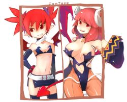 Rule 34 | 2girls, bad id, bad pixiv id, belt, breasts, collar, disgaea, etna (disgaea), flat chest, gomtang, la pucelle, large breasts, legs, makai senki disgaea, maou prier, microskirt, multiple girls, pantyhose, pointy ears, prier, red eyes, red hair, short hair, signature, skirt, thighhighs, thighs