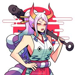 Rule 34 | breasts, club (weapon), collarbone, gradient hair, green hair, highres, holding, holding weapon, horns, multicolored hair, one piece, over shoulder, pale skin, timtam, two-tone hair, weapon, weapon over shoulder, white hair, yamato (one piece)
