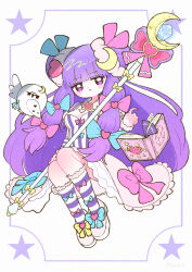 Rule 34 | 1girl, adapted costume, bird, blue bow, blue ribbon, blunt bangs, book, bow, commentary request, crescent, crescent hair ornament, crystal, dotaku (wran8845), double bun, dress, floating, floating book, floating object, footwear bow, frilled socks, frills, full body, hair bow, hair bun, hair ornament, hair ribbon, hand up, heart, highres, holding, holding staff, long hair, long sleeves, looking at viewer, magical girl, open book, open mouth, owl, patchouli knowledge, pink bow, pink footwear, pink ribbon, purple dress, purple eyes, purple hair, ribbon, socks, staff, star (symbol), striped clothes, striped dress, striped socks, touhou, triangle mouth, two-tone dress, vertical-striped clothes, vertical-striped dress, very long hair, white dress, yellow bow
