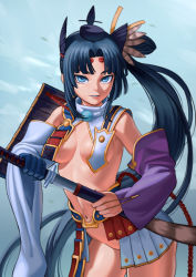 Rule 34 | 1girl, armor, asymmetrical sleeves, black hair, blue eyes, breasts, detached sleeves, fate/grand order, fate (series), hair ornament, hat, holding, holding sword, holding weapon, japanese armor, kusazuri, lasterk, long hair, looking at viewer, mismatched sleeves, navel, no panties, pom pom (clothes), revealing clothes, skirt, smile, solo, sword, ushiwakamaru (fate), very long hair, weapon