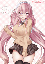 Rule 34 | 1girl, :d, absurdres, alternate costume, azur lane, beige cardigan, beige sweater, black thighhighs, blush, bow, bowtie, cardigan, checkered background, clothes pull, commentary request, contemporary, cowboy shot, eyes visible through hair, flying sweatdrops, grey eyes, hair between eyes, hairband, highres, lolita hairband, long hair, long sleeves, looking at viewer, low twintails, makihige, open mouth, perseus (azur lane), pink hair, plaid, plaid bow, plaid skirt, pleated skirt, sidelocks, simple background, skirt, skirt pull, sleeves past wrists, smile, solo, spoken blush, sweater, thighhighs, twintails, twitter username, very long hair, zettai ryouiki