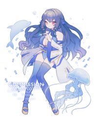 Rule 34 | 1girl, 3tokitamago, blue hair, blue one-piece swimsuit, blue thighhighs, breasts, bubble, cleavage, commission, dolphin, fish, full body, heterochromia, highres, indie virtual youtuber, jellyfish, large breasts, long hair, one-piece swimsuit, red eyes, simple background, solo, swimsuit, thighhighs, virtual youtuber, white background, yellow eyes, yoomee (vtuber)