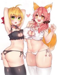 Rule 34 | 10s, 2girls, :d, ahoge, animal ear fluff, animal ears, armpits, arms behind head, arms up, ass, ass cutout, bell, blonde hair, blush, bow, breasts, butt crack, cat lingerie, cleavage, cleavage cutout, clothing cutout, collar, fate/extra, fate (series), fox ears, fox tail, from side, green eyes, hair bow, hair ornament, hair scrunchie, heart, highres, jingle bell, large breasts, long hair, looking at viewer, medium breasts, meme attire, midriff, multiple girls, navel, neck bell, nero claudius (fate), nero claudius (fate) (all), nero claudius (fate/extra), open mouth, osiimi, panties, paw print, pink hair, plump, scrunchie, short hair, side-tie panties, smile, striped clothes, striped panties, tail, tamamo (fate), tamamo no mae (fate/extra), thick thighs, thighhighs, thighs, twintails, twisted torso, underwear, wide hips, yellow eyes, zettai ryouiki