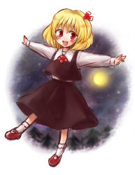 Rule 34 | 1girl, blonde hair, blush, dress shirt, female focus, full moon, hair ribbon, mary janes, mokku, moon, night, night sky, open mouth, outstretched arms, red eyes, ribbon, rumia, shirt, shoes, short hair, skirt, skirt set, sky, smile, solo, touhou, tree