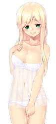Rule 34 | 1girl, bad id, bad pixiv id, bare shoulders, blonde hair, bra, breasts, cleavage, collarbone, green eyes, hand on own chest, large breasts, lingerie, long hair, long image, navel, original, panties, saemon (tonpura), see-through, simple background, smile, solo, tall image, underwear, white bra, white panties