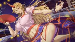 Rule 34 | :d, alcohol, blonde hair, breasts, chain, collarbone, commentary, commentary request, cowboy shot, crop top, cuffs, cup, english commentary, fingernails, glint, hand up, holding, horns, hoshiguma yuugi, huge breasts, kirin ouji, leg up, long hair, midriff, mixed-language commentary, nail polish, navel, night, night sky, open hand, open mouth, outdoors, outstretched arm, pink shirt, pointy ears, puffy short sleeves, puffy sleeves, red nails, sakazuki, sake, shackles, shirt, short sleeves, single horn, sky, smile, standing, standing on one leg, thick thighs, thighs, touhou, v-shaped eyebrows, yellow eyes